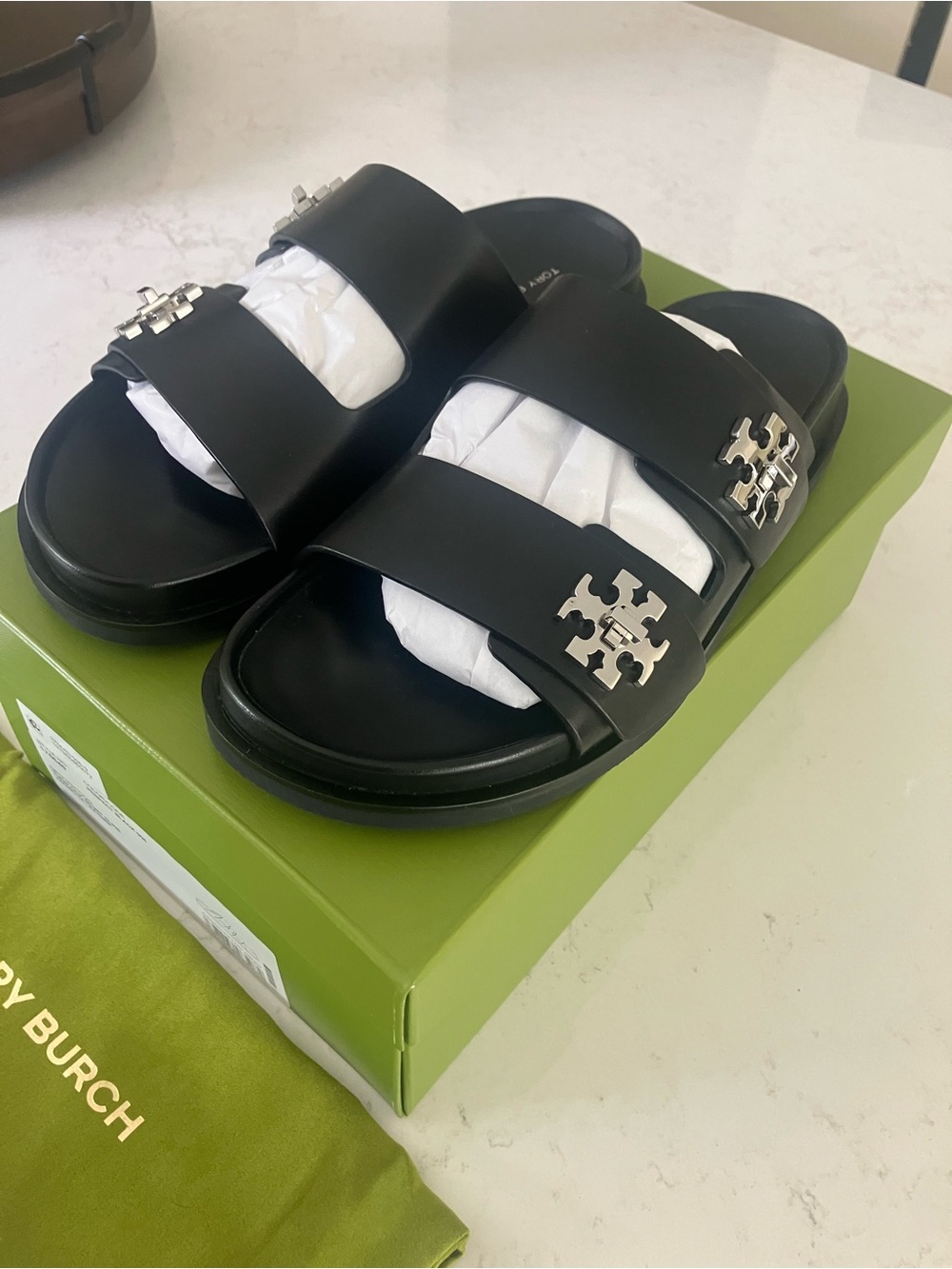 Tory Burch Black Leather Double-Strap Logo Slide Sandals - Picture 2 of 3
